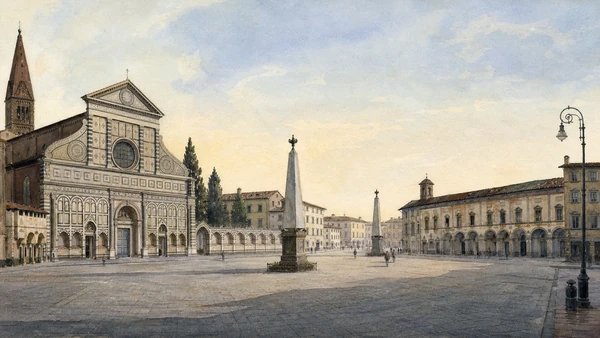 Original documentary watercolour of Piazza Santa Maria Novella, façade and obelisks
