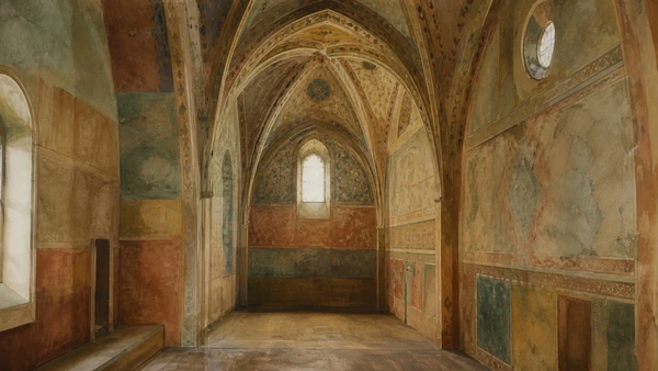 Original documentary watercolour of the Spanish Chapel's ribbed vault and abstract painted walls