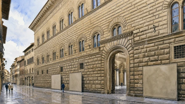 Original documentary watercolour of Palazzo Strozzi, its rusticated façade and courtyard