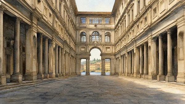 Original documentary watercolour of the Uffizi courtyard opening toward the Arno