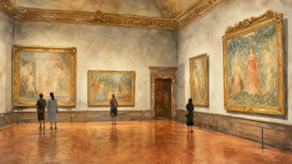 Original documentary watercolour of the renewed Botticelli gallery using abstract floral and marine colour references
