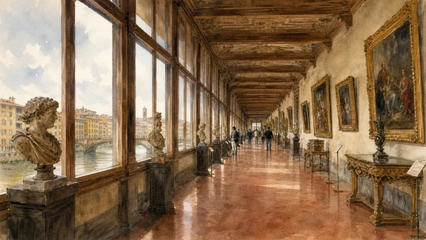 Original documentary watercolour of the Uffizi gallery corridors with frescoed ceilings and windows