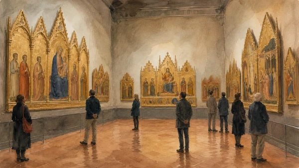 Original documentary watercolour impression of the late-medieval Uffizi gallery and monumental gold-ground panels