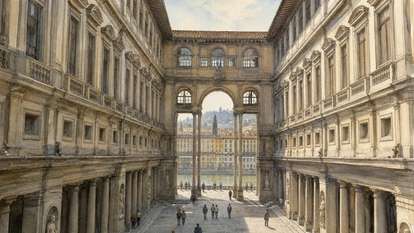 Original documentary watercolour of the Uffizi courtyard and Vasari's modular palace façade