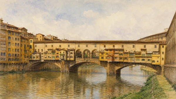 Original documentary watercolour exterior of Ponte Vecchio with shops, arches and the Vasari Corridor