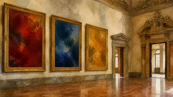 Original documentary watercolour of a Renaissance gallery with circular and rectangular frames and no copied artworks