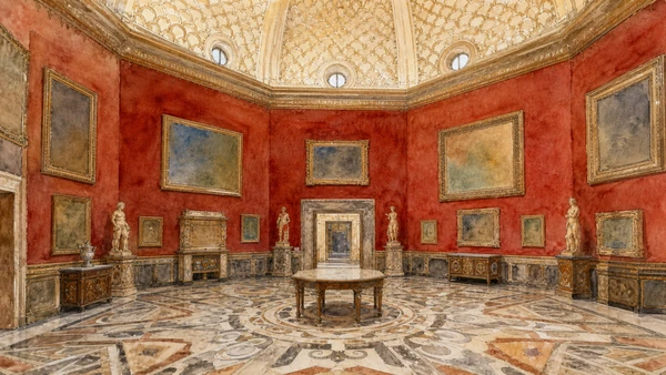 Original documentary watercolour of the octagonal Tribuna with shell dome and rich materials