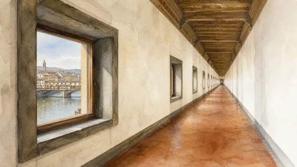 Original documentary watercolour of the long windowed interior of the Vasari Corridor
