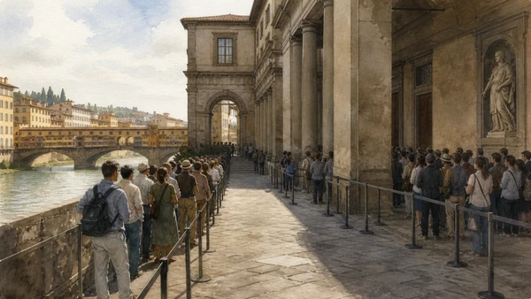 Original documentary watercolour of an early-morning Uffizi arrival with ordered visitor queues
