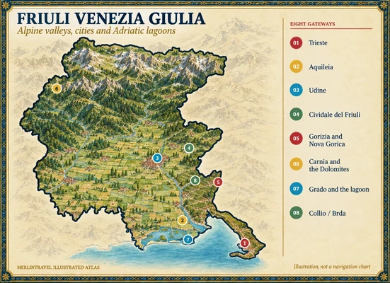Illustrated map of Friuli Venezia Giulia with eight numbered Merlintravel gateways