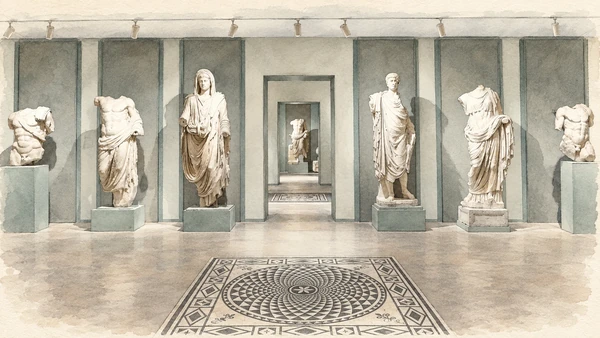 Watercolour: Aquileia National Archaeological Museum actual galleries or lapidary collection in museum setting
