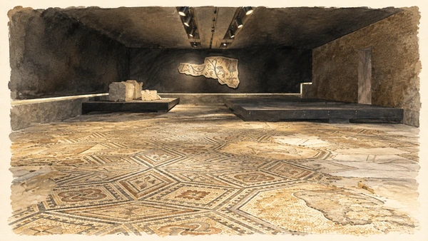 Watercolour: Aquileia Südhalle actual protected mosaic floor and modern archaeological shelter