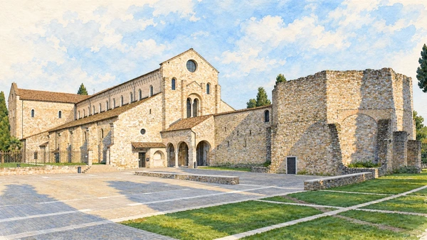 Watercolour: Aquileia basilica facade and baptistery on Piazza Capitolo