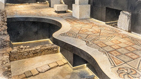 Watercolour: Aquileia Domus and episcopal palace real layered mosaic floors beneath modern protective building