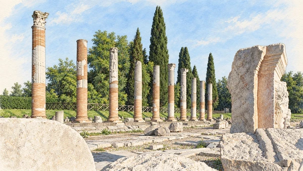 Watercolour: Aquileia actual Roman forum fragmentary standing columns and low remains beside modern town