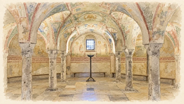 Watercolour: Aquileia actual fresco crypt low vaulted interior with medieval wall painting