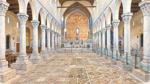 Watercolour: Aquileia basilica authentic extensive early Christian mosaic floor seen from visitor walkway