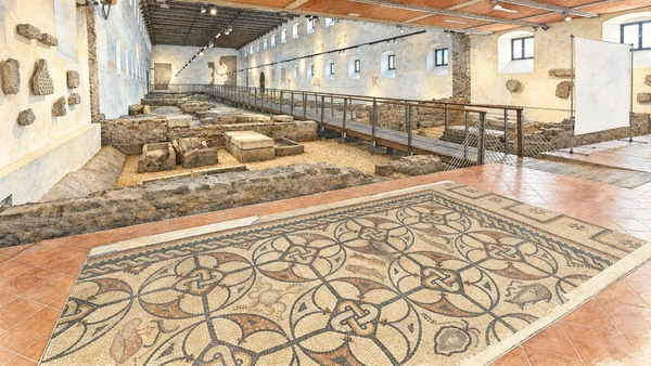 Watercolour: Aquileia Paleochristian Museum actual large mosaic floor preserved inside former church with viewing gallery