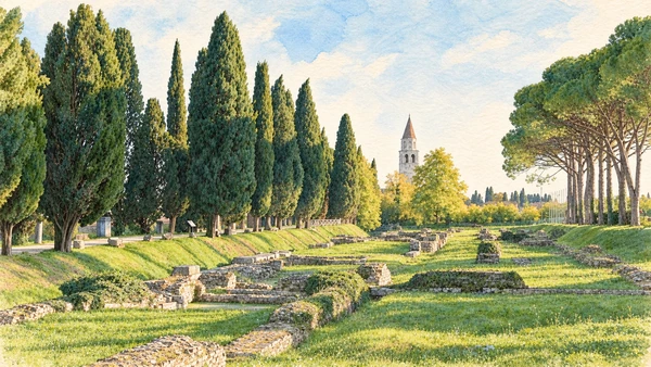 Watercolour: Aquileia river-port archaeological remains and excavated masonry amid green grounds