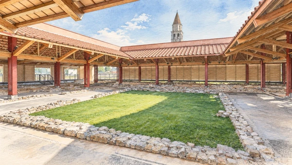 Watercolour: Aquileia Domus di Tito Macro actual modern red roof shelter over low Roman house foundations