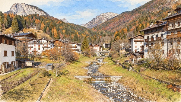 Watercolour: Forni di Sopra actual village beside watercourse beneath Dolomite peaks