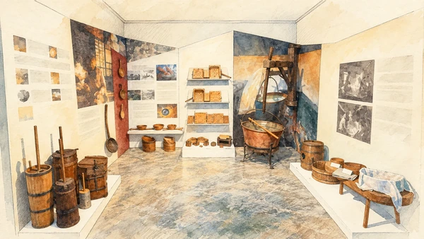 Watercolour: Museo Carnico actual modern display of wooden household and farming tools