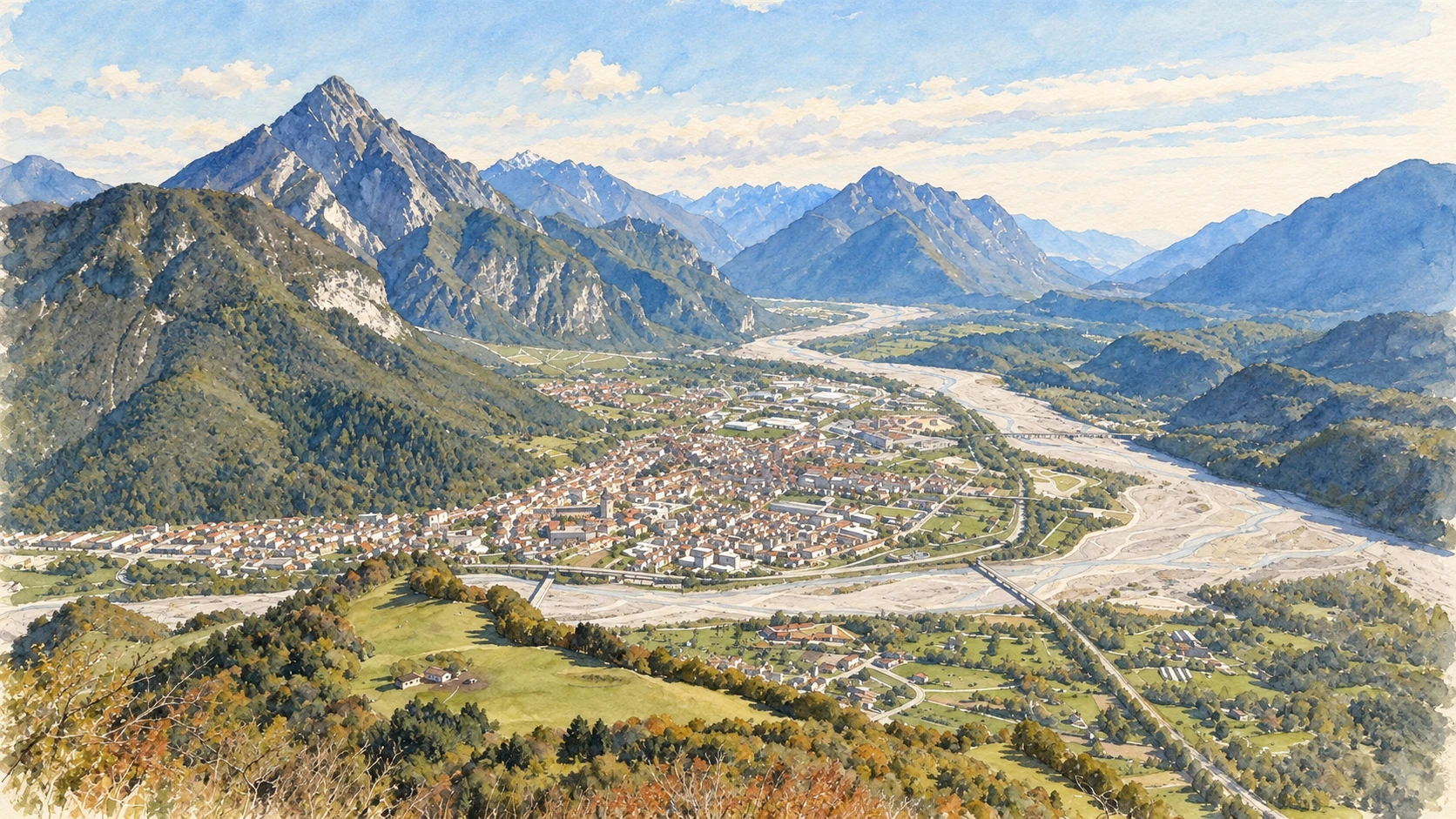 Watercolour: Carnia & the Friulian Dolomites establishing view