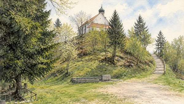 Watercolour: Pieve San Pietro above Zuglio, hilltop church and bell tower among trees