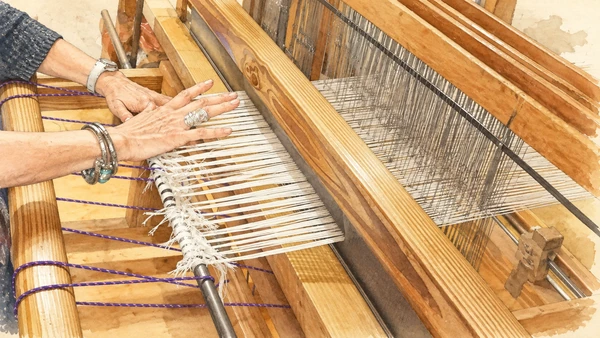 Watercolour: Hands working on an actual wooden handloom in Sauris