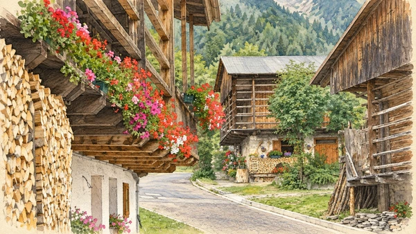 Watercolour: Sauris actual lane with timber balconies stone bases stacked firewood and flowers