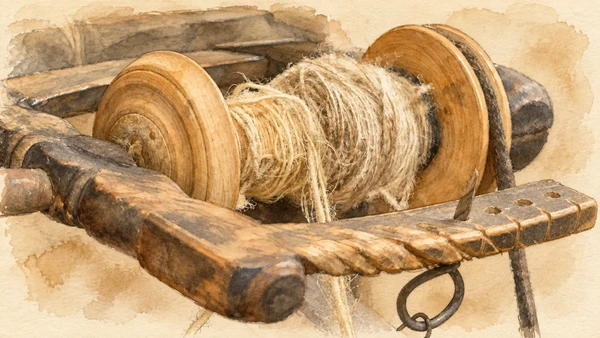 Watercolour: Sauris ethnographic reference detail of wooden spinning equipment and fibre