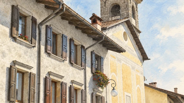 Watercolour: Tolmezzo historic street and church facade with bell tower