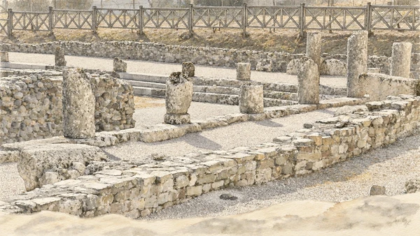 Watercolour: Zuglio Roman forum actual low stone foundations and column fragments