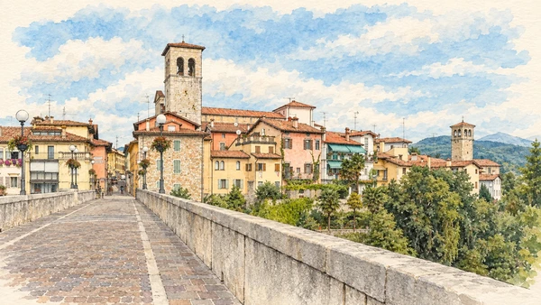 Watercolour: Cividale real Ponte del Diavolo two unequal stone arches over Natisone and central natural rock