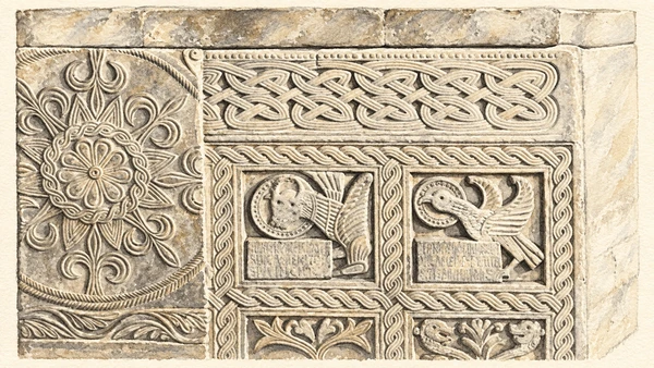 Watercolour: Detail of a carved panel reused in the parapet of the Baptistery of Callisto