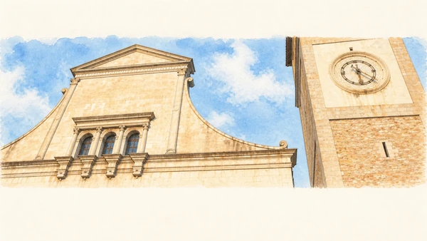 Watercolour: Upper facade detail of Santa Maria Assunta, with the adjacent clock tower