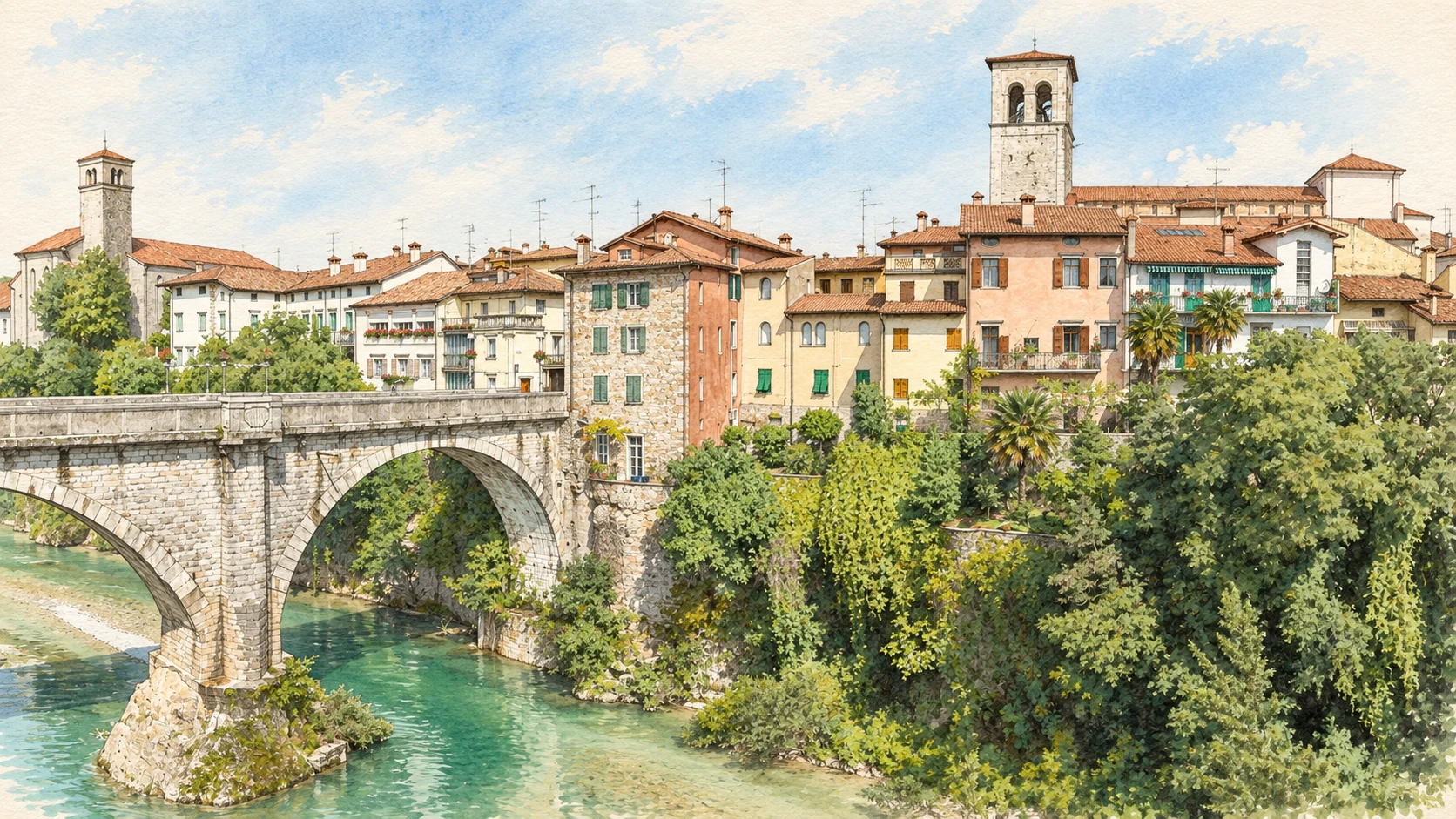 Watercolour: Cividale del Friuli establishing view