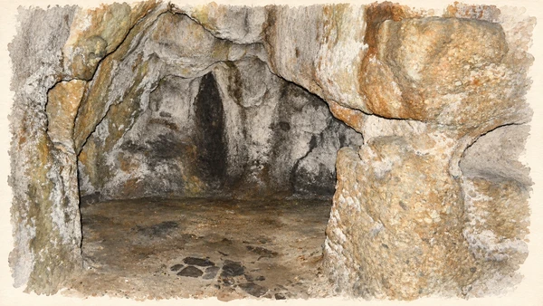 Watercolour: Cividale actual Ipogeo Celtico rock-cut chamber niches low passage