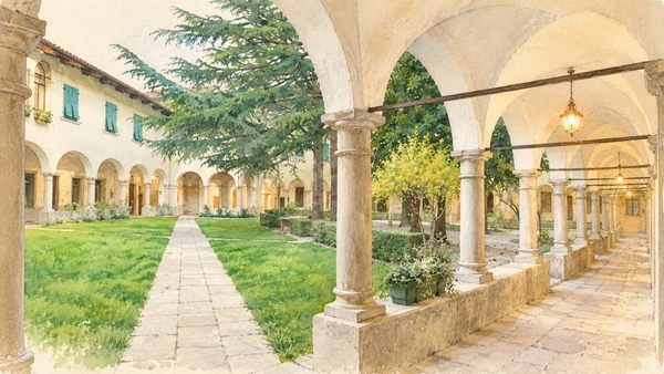 Watercolour: Cividale Santa Maria in Valle actual monastery cloister courtyard