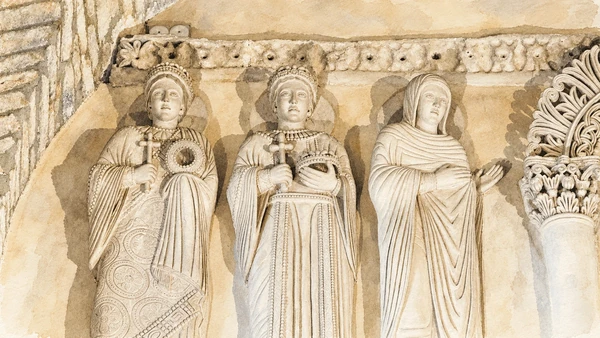 Watercolour: Detail of three stucco female figures in the Tempietto Longobardo