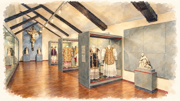Watercolour: Christian Museum treasury hall with historic liturgical vestments