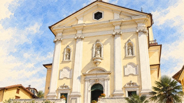 Watercolour: Sant’Adalberto Cormòns actual pale facade with four pilasters statues and pediment