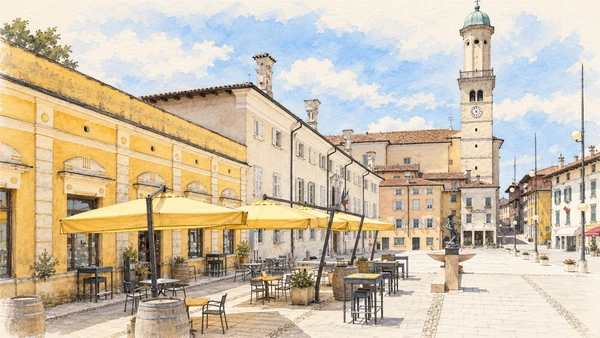 Watercolour: Cormòns actual central square with yellow and pale building fronts and bell tower