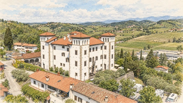 Watercolour: Dobrovo Castle actual white residence with four square corner towers and red roofs
