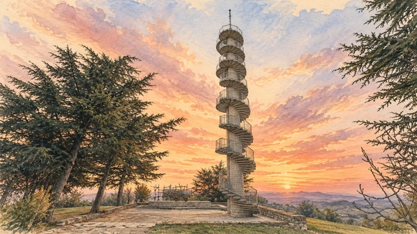 Watercolour: Gonjače actual modern spiral concrete observation tower between trees