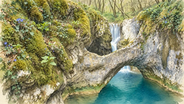 Watercolour: Krčnik actual natural limestone bridge above turquoise stream pool and small waterfall