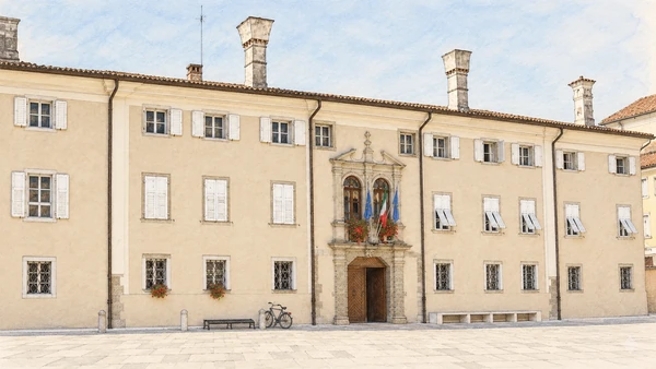 Watercolour: Palazzo Locatelli Cormòns actual long pale facade on the square