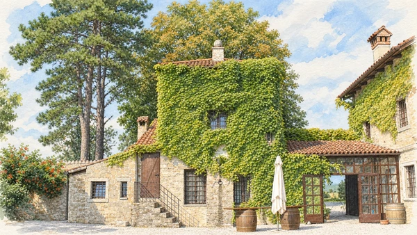 Watercolour: San Floriano del Collio actual ivy-covered castle building and courtyard