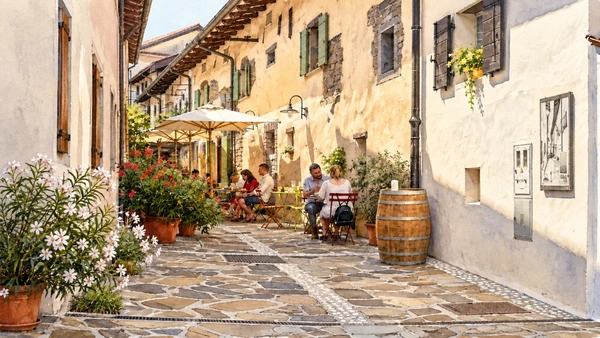 Watercolour: Šmartno actual narrow stone-paved lane with pale plaster houses and timber eaves