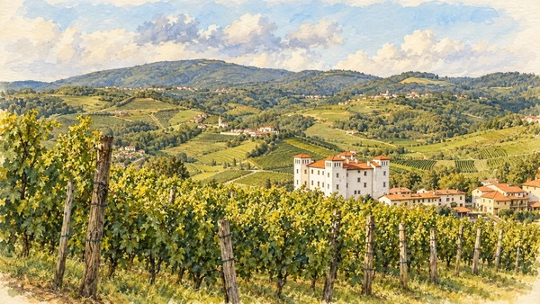 Watercolour: Actual Brda vineyard rows with Dobrovo Castle beyond and cultivated hills